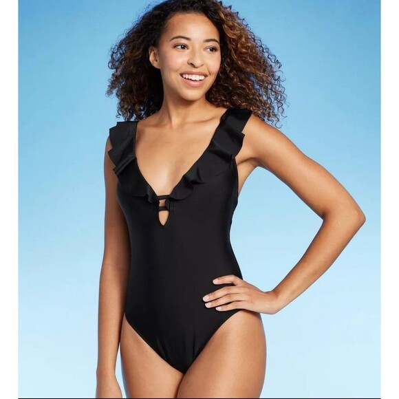 NWT Shade & Shore Black Ruffle Plunge One Piece Swimsuit - Picture 2 of 3